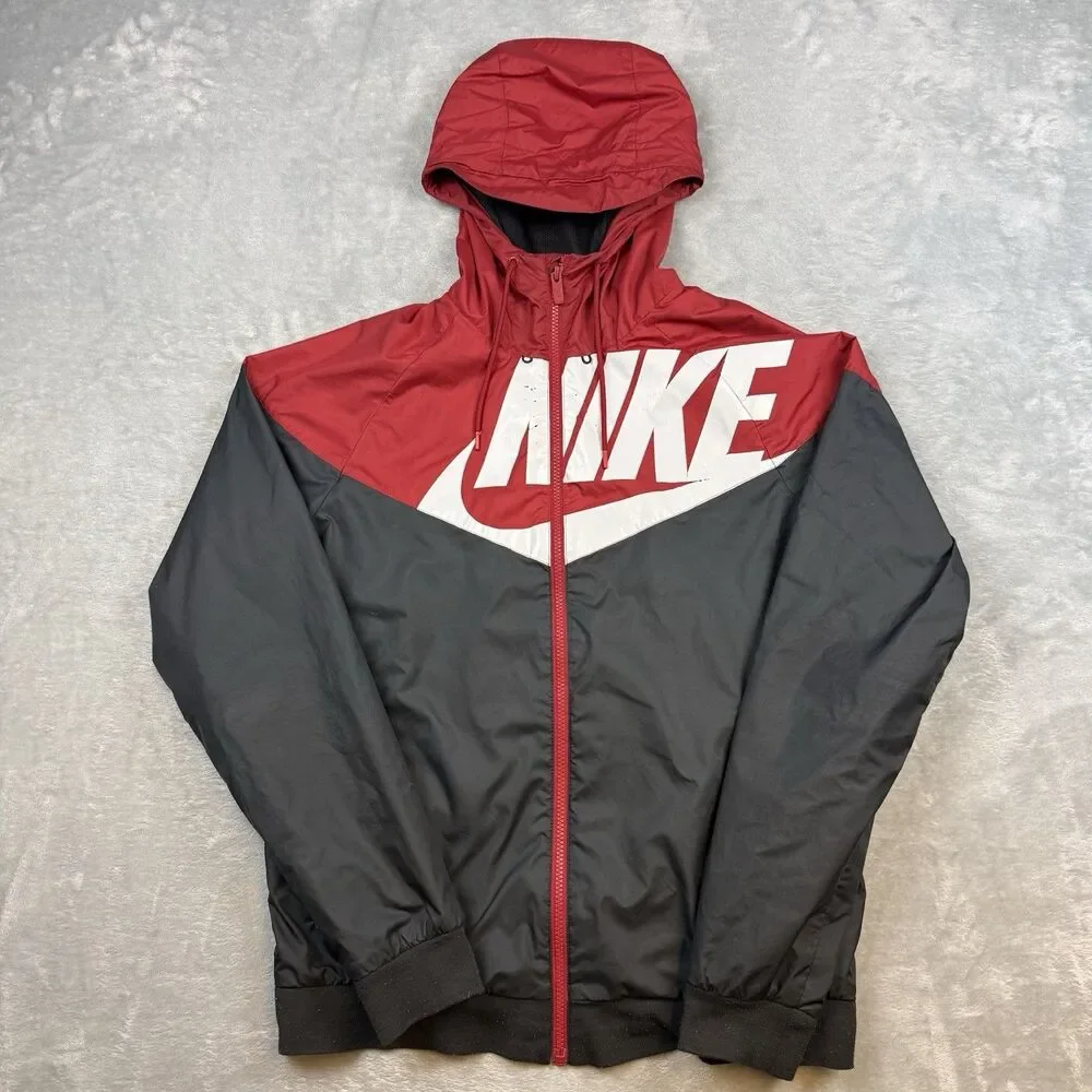 Nike Windrunner Hooded Windbreaker Jacket Red Black Big Logo Mens M